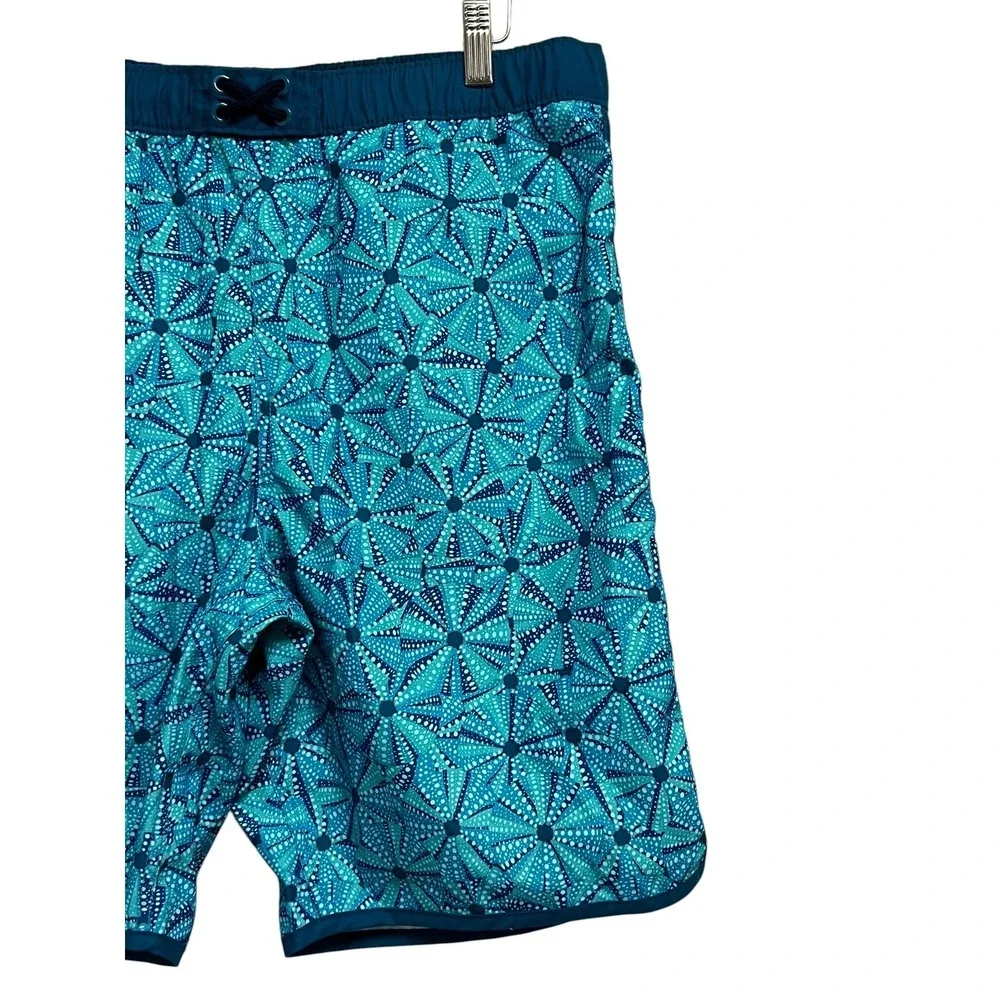 Lands End Swim Trunks Mens XXL Blue Teal Starburst Cargo Pocket Nautical Summer